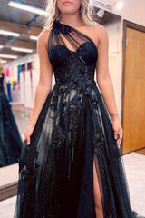A Line Prom Dress One Shoulder Black Long Evening Dress with Appliques