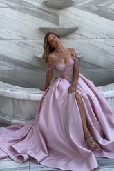 A Line Prom Dress Pink Off the Shoulder Beaded Evening Dress