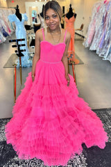 A Line Prom Dress Pink Spaghetti Straps Tiered Corset Tulle Long Evening Dress