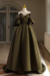 A Line Prom Dress Puff Sleeves Olive Green Satin Long Evening Dress