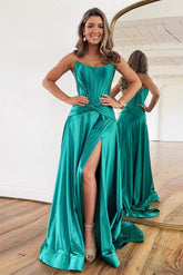 A Line Prom Dress Satin Green Long Formal Dress Evening Dress