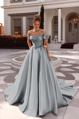A Line Prom Dress Satin Off the Shoulder Evening Dress