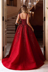 A Line Prom Dress Sleeveless Square Neck Evening Dress With Lace Appliques