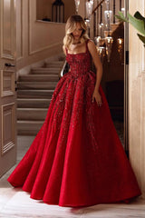 A Line Prom Dress Sleeveless Square Neck Evening Dress With Lace Appliques