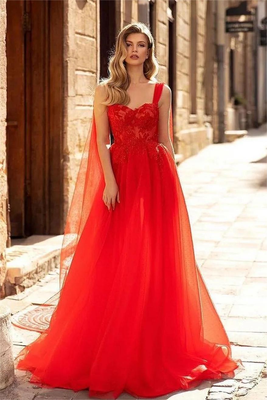 A Line Prom Dress Sleeveless Straps Evening Dress With Lace Appliques