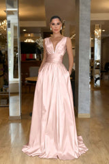 A Line Prom Dress Sleeveless V Neck Satin Evening Dress