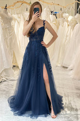A Line Prom Dress Spaghetti Straps Navy Evening Dress with Appliques