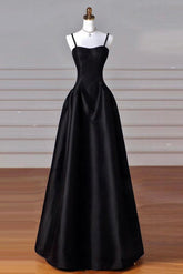 A Line Prom Dress Sweetheart Neck Satin Black Long Evening Dress