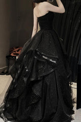 A Line Prom Dress Sweetheart Neck Tulle Black Long Formal Dress Evening Dress