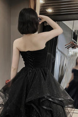 A Line Prom Dress Sweetheart Neck Tulle Black Long Formal Dress Evening Dress