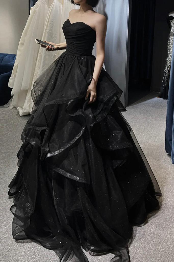 A Line Prom Dress Sweetheart Neck Tulle Black Long Formal Dress Evening Dress
