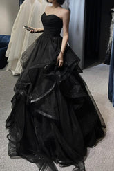 A Line Prom Dress Sweetheart Neck Tulle Black Long Formal Dress Evening Dress