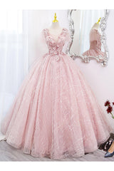 A Line Prom Dress Tulle Lace Appliques Pink Long Sweet 16 Dress Evening Dress