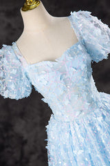 A Line Prom Dress Tulle Sequin Lace Blue Long Formal Evening Dress