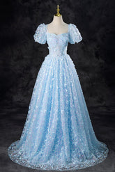 A Line Prom Dress Tulle Sequin Lace Blue Long Formal Evening Dress