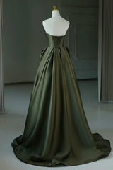 A Line Prom Dress V Neck Satin Green Long Formal Evening Dress