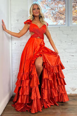 A Line Red Prom Dress Hollow Out Tiered Satin Long Evening Dress with Ruffles