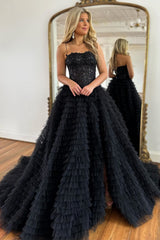 A Line Red Prom Dress Spaghetti Straps Long Tulle Evening Dress with Slit