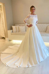 A Line Satin Lace Sleeve White Wedding Dress Bridal Gown With Appliques
