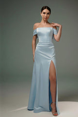 A Line Satin Off The Shoulder Sleeveless Formal Dress With Slit