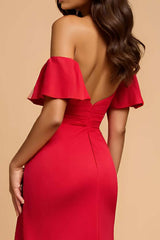 A Line Satin Sweetheart Red Wedding Guest Dress Long Formal Dress