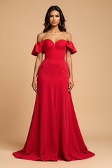 A Line Satin Sweetheart Red Wedding Guest Dress Long Formal Dress