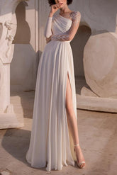 A-Line Scoop Neck Long Sleeves Sweep Train Beach Wedding Dresses With Front Split