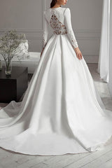 A-Line Scoop Neck Long Sleeves Sweep Train Satin Wedding Dresses