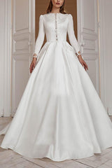 A-Line Scoop Neck Long Sleeves Sweep Train Satin Wedding Dresses