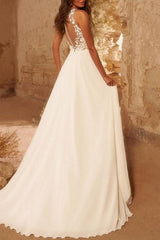 A-Line Scoop Neck Sleeveless Lace Wedding Dresses With Appliques Lace