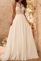 A-Line Scoop Neck Sleeveless Lace Wedding Dresses With Appliques Lace