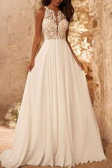 A-Line Scoop Neck Sleeveless Lace Wedding Dresses With Appliques Lace