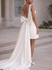 A Line Scoop Neck Sleeveless Short Mini Detachable Matte Satin Wedding Dress with Bow