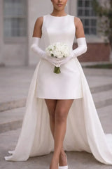 A Line Scoop Neck Sleeveless Short Mini Detachable Matte Satin Wedding Dress with Bow