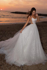 A-Line Scoop Neck Sweep Train Tulle Wedding Dress With Appliques Lace