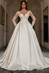 A Line Sleeve White Wedding Dress Beaded Lace Up Lace Ball Gown Bridal Gown With Pearls