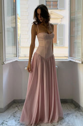 A Line Spaghetti Straps Pink Corset Prom Dress With Ruffles Formal Evening Gown