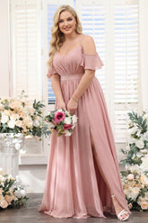 A-Line Spaghetti Straps Split Side Ruched Floor-Length Chiffon Plus Size Bridesmaid Dresses
