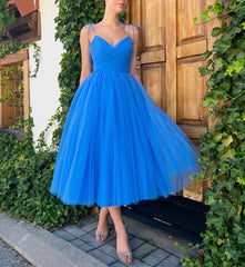 A-Line Spaghetti Straps Tea Length Prom Dress Blue Graduation Dress