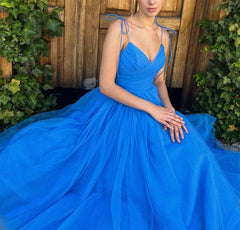 A-Line Spaghetti Straps Tea Length Prom Dress Blue Graduation Dress