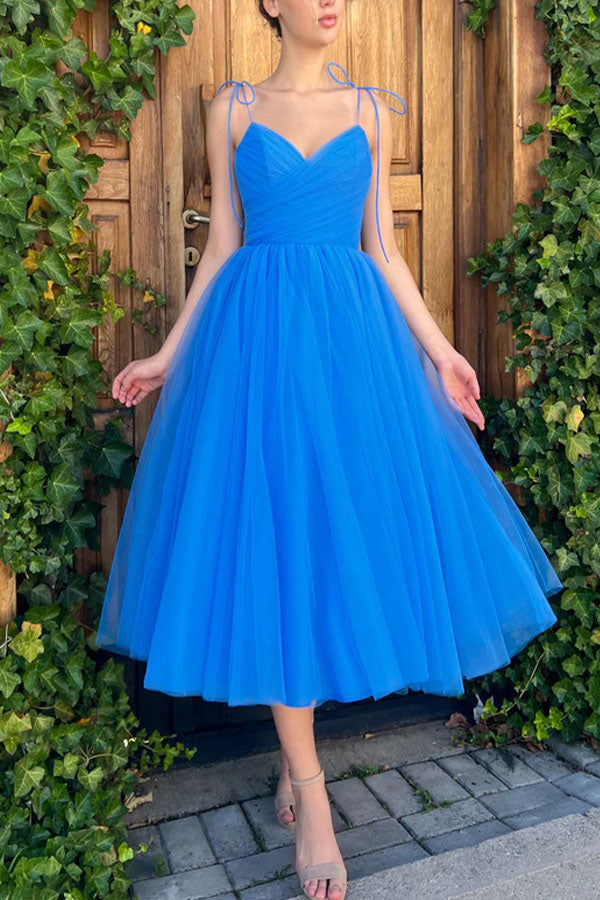 A-Line Spaghetti Straps Tea Length Prom Dress Blue Graduation Dress