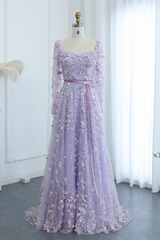 A Line Square Neck 3D Flowers Beaded Formal Dress With Sleeves
