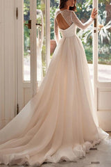 A-Line Square Neckline Long Sleeves Chiffon Wedding Dresses With High Split