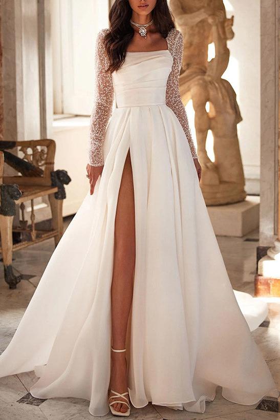 A-Line Square Neckline Long Sleeves Chiffon Wedding Dresses With High Split