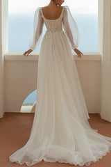 A-Line Square Neckline Long Sleeves Lace/Tulle Bridal Gowns