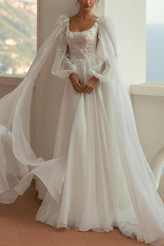 A-Line Square Neckline Long Sleeves Lace/Tulle Bridal Gowns