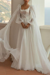 A-Line Square Neckline Long Sleeves Lace/Tulle Bridal Gowns