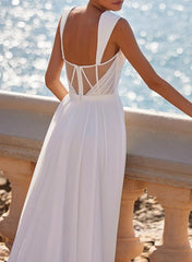 A-Line Square Neckline Sleeveless Chiffon Beach Wedding Dresses With High Split