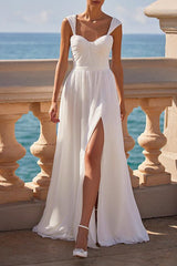 A-Line Square Neckline Sleeveless Chiffon Wedding Dresses With High Split