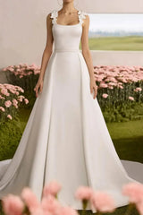 A Line Square Neckline Sleeveless Court Train Chiffon Satin Wedding Dress with Flowers and Overskirt